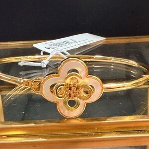 Tory Burch Gold and Blush Enamel Quatrefoil Bangle Bracelet